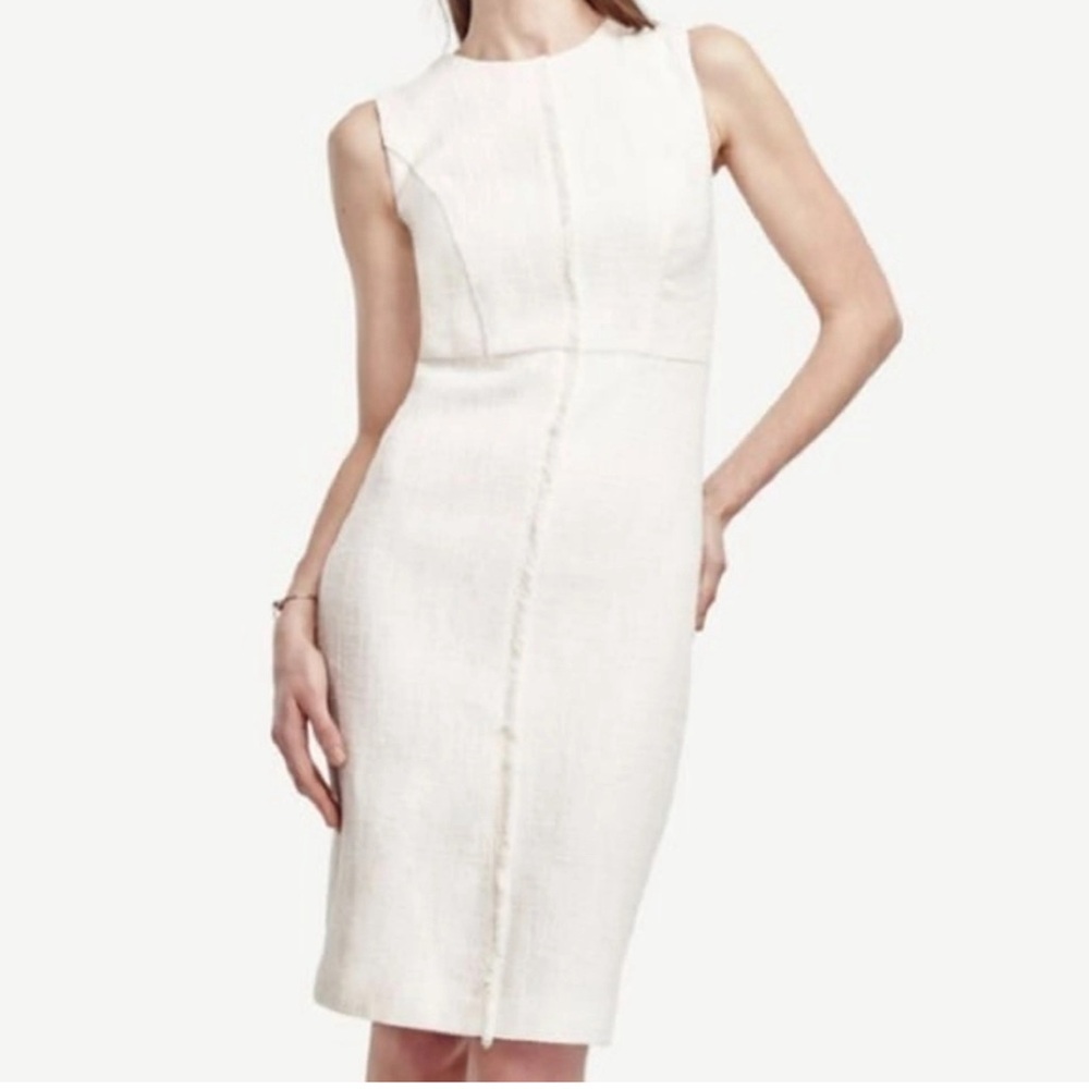 Ann Taylor Classic White Tweed Fringe Shift Dress Size